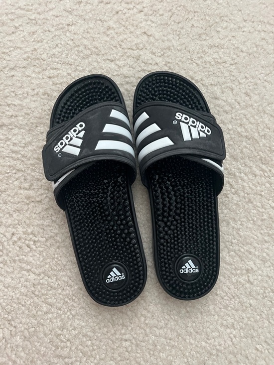 adidas Shoes - adidas Black Slide Sandals with White Stripes